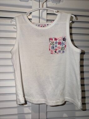 Little Lass White Ribbed Tank with Pink & Blue Floral Pocket
